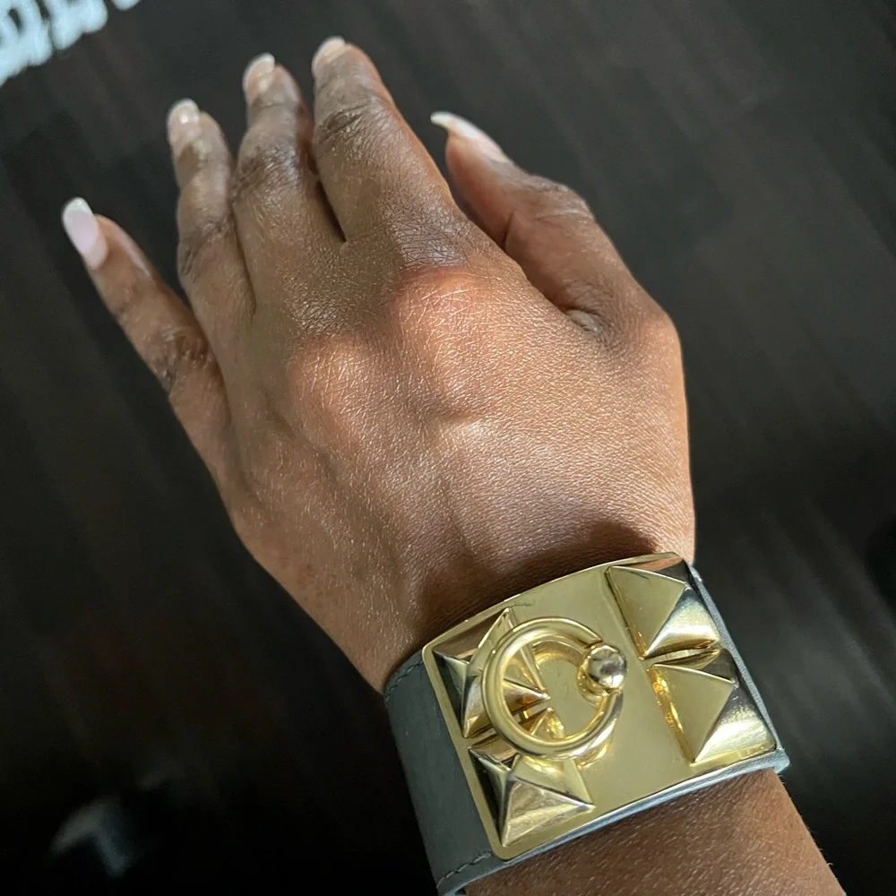 Gray Leather Collier De Chen Style Bracelet w/ Gold Hardware - Picture 4 of 5